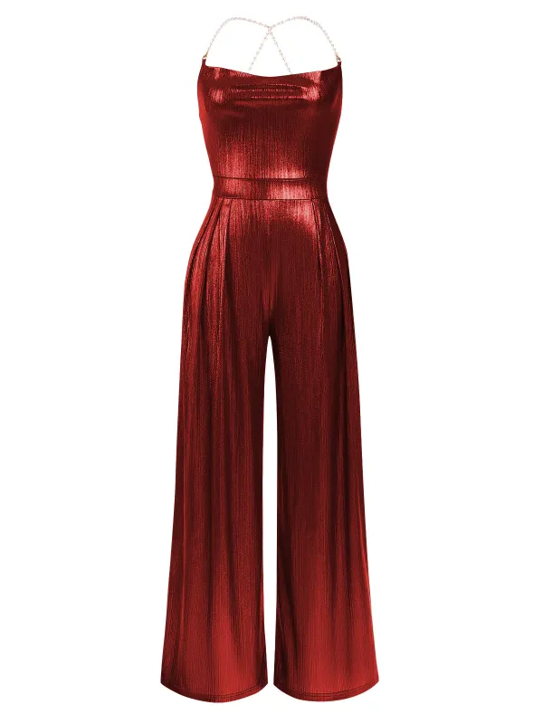 Metallic Red 1980s Cowl Neck Spaghetti Strap Jumpsuit sold by Retro Stage