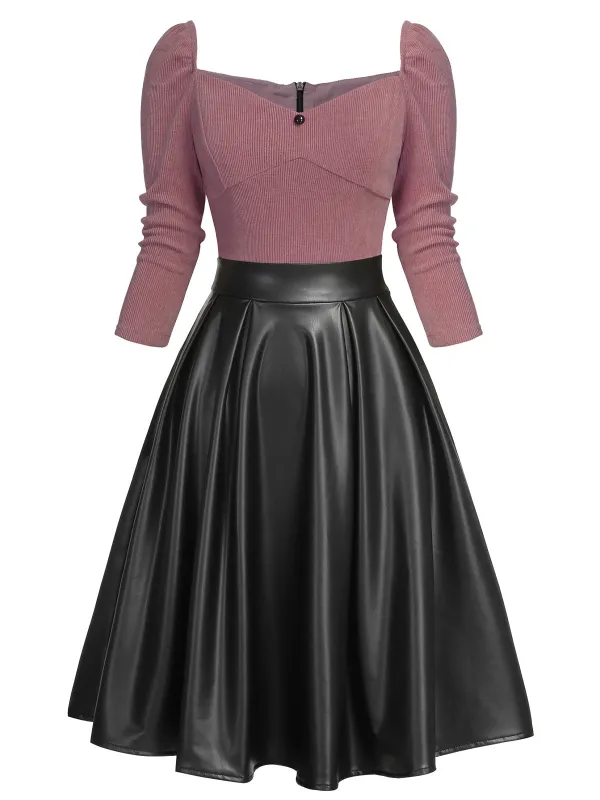 Pink 1950s Knitted Leather Patchwork Dress sold by Retro Stage