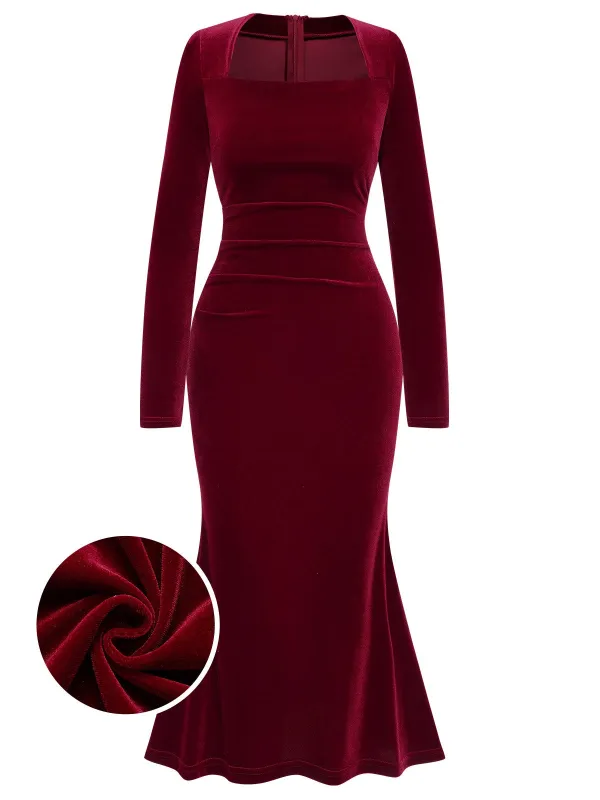Wine Red 1930s Solid Velvet Mermaid Dress sold by Retro Stage