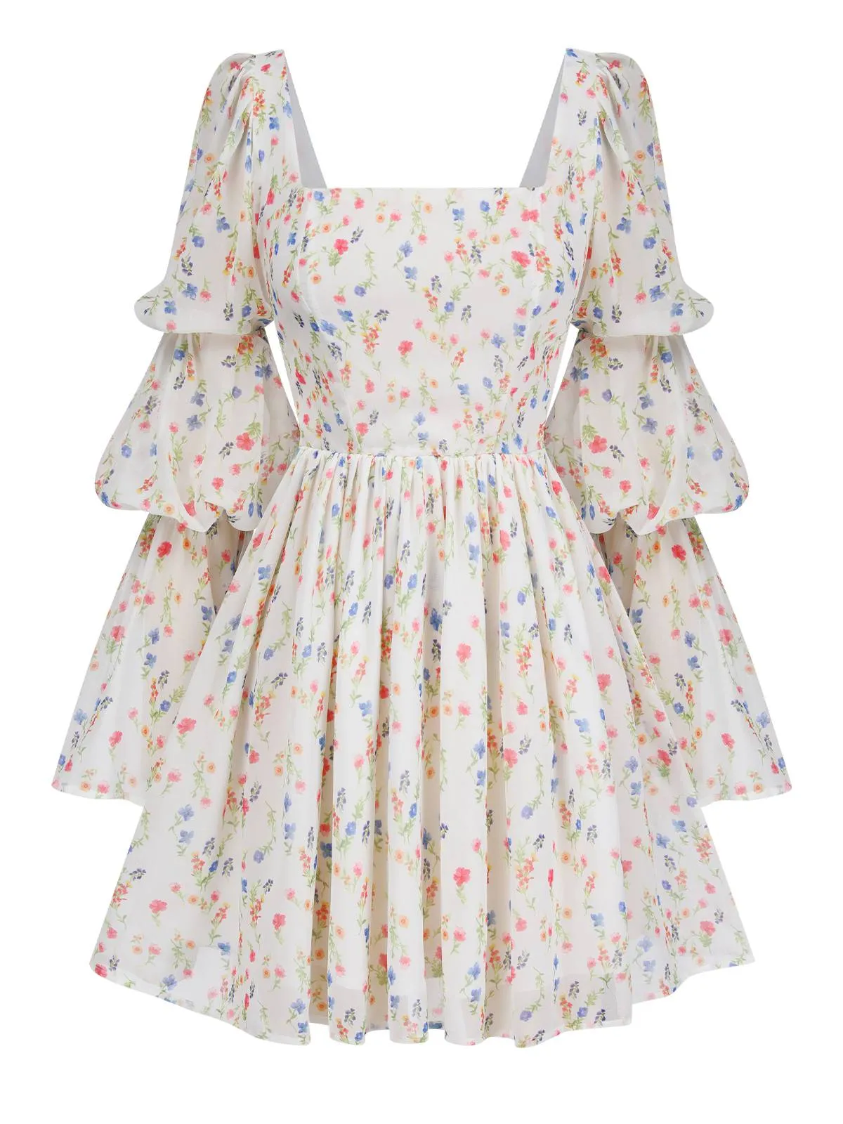 White 1960s Square Neck Puff Ditsy Floral Dress sold by Retro Stage product image thumbnail 2