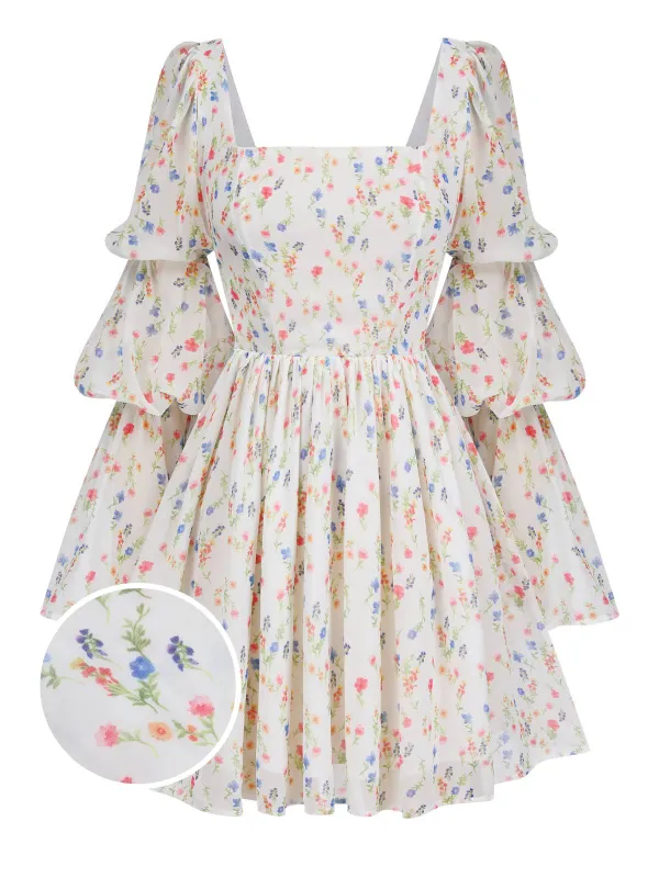 White 1960s Square Neck Puff Ditsy Floral Dress sold by Retro Stage