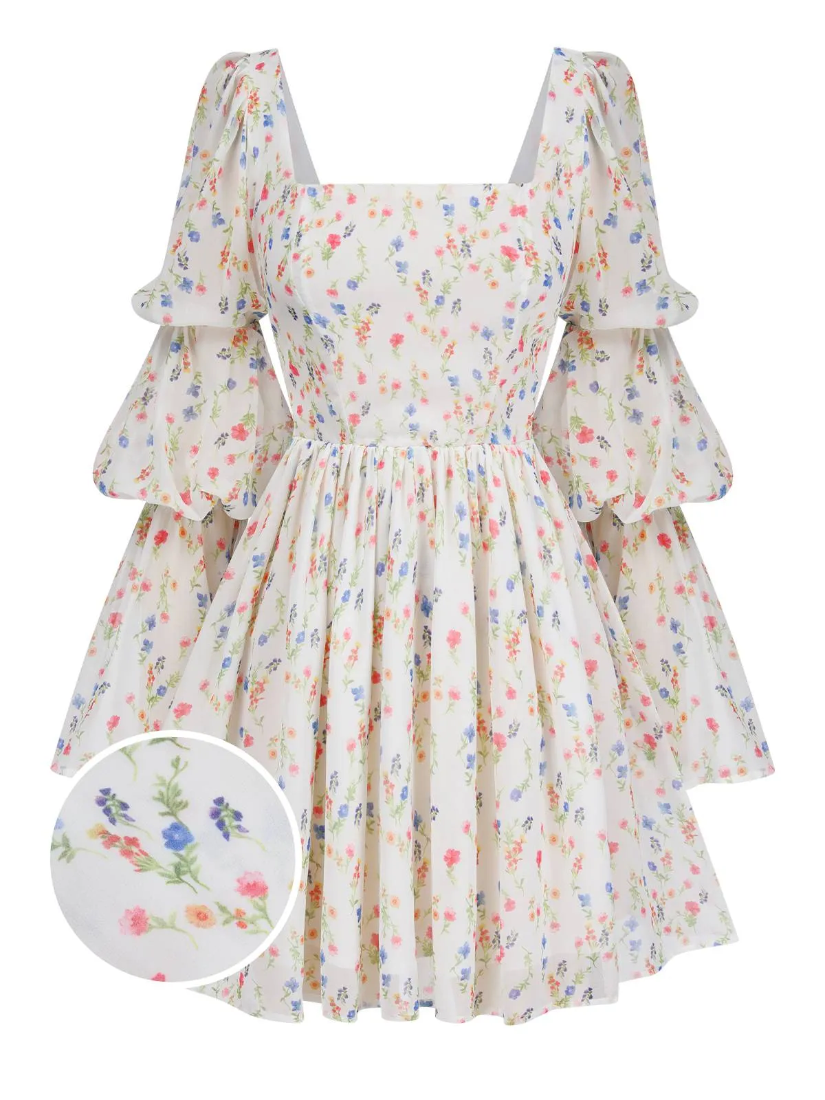 White 1960s Square Neck Puff Ditsy Floral Dress sold by Retro Stage
