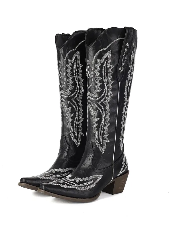 Pointed Embroidered Cowboy Knee-High Boots sold by Retro Stage