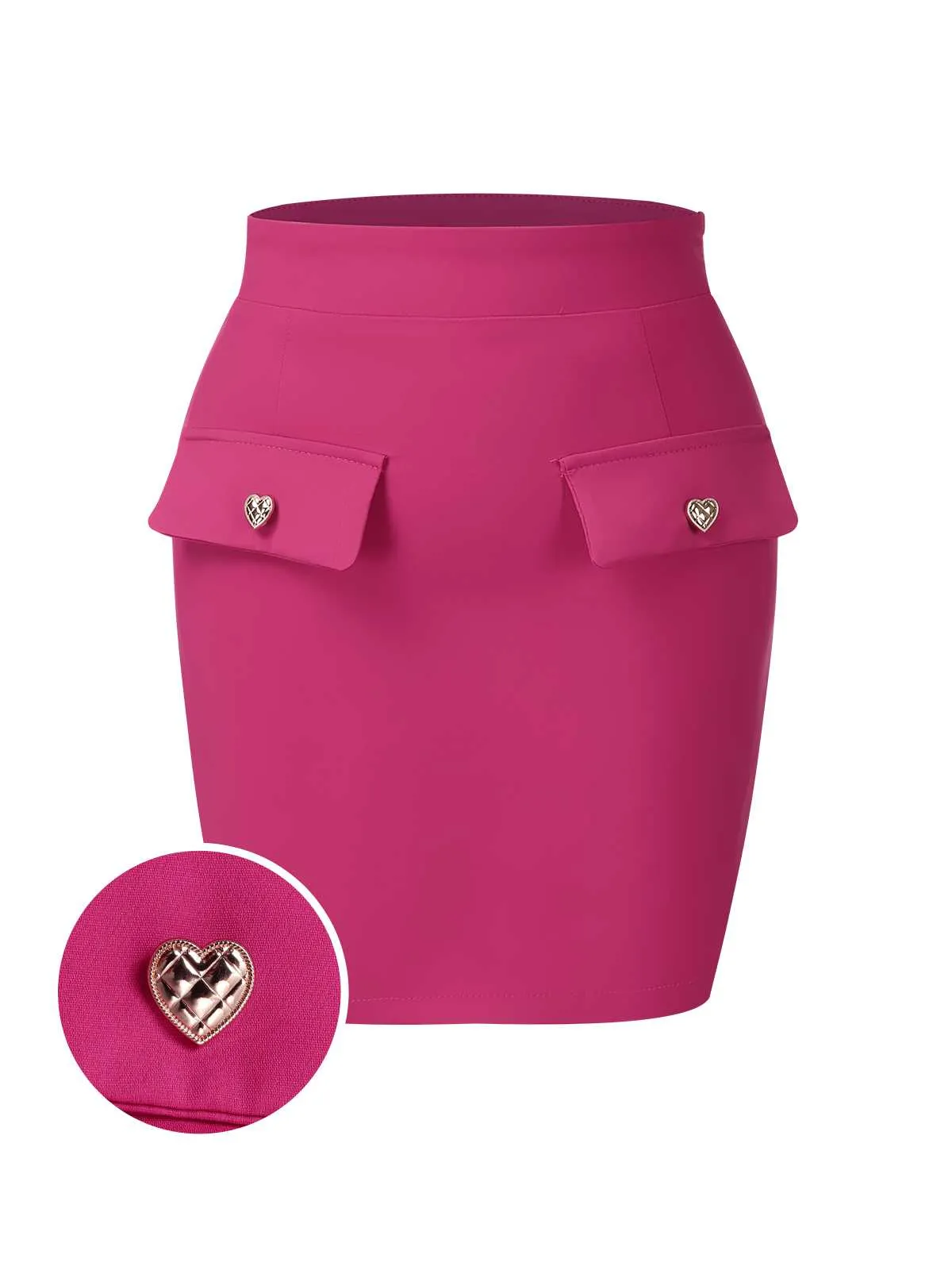 Rose Red 1970s Heart Button Pocketed Solid Skirt sold by Retro Stage