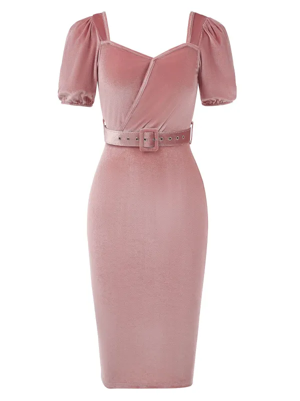 Pink 1960s Velvet Puff Sleeve Belted Dress sold by Retro Stage