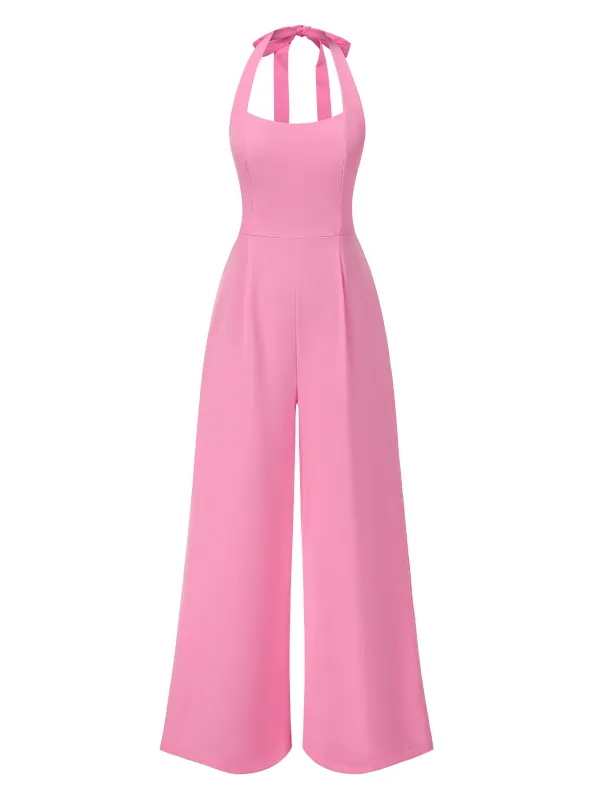 Pink 1950s Halter Solid Jumpsuit sold by Retro Stage
