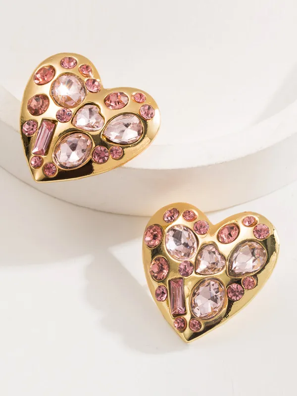 Pink Rhinestone Alloy Heart Shape Earrings sold by Retro Stage