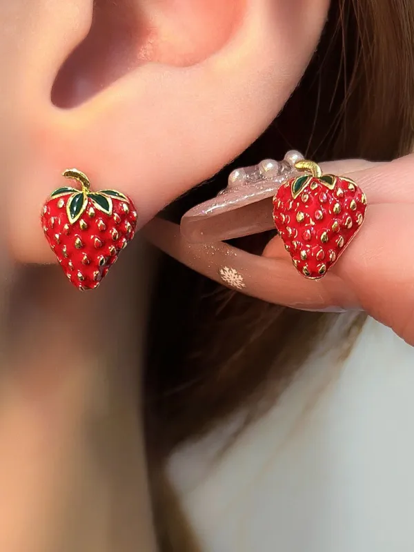 Red Strawberry Gold Accents Earrings sold by Retro Stage