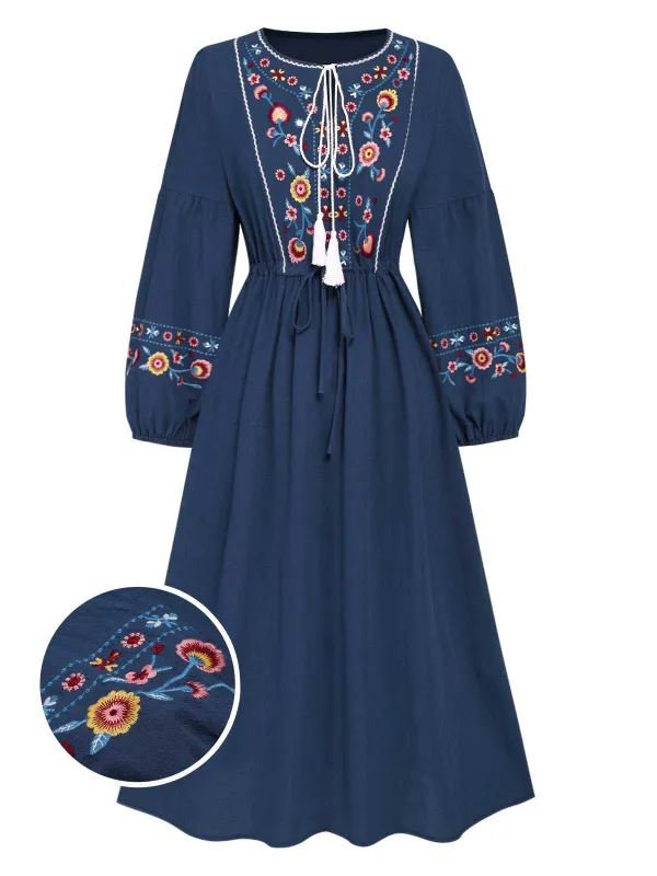 Blue 1940s Embroidered Floral Lantern Sleeve Dress sold by Retro Stage