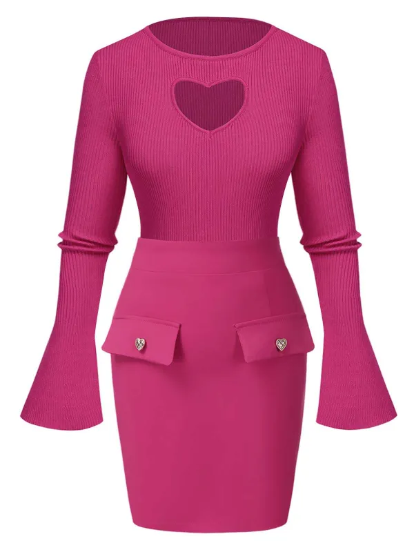 2PCS Rose Red 1970s Heart Cutout Sweater & Solid Skirt sold by Retro Stage