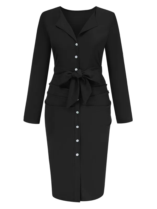 1960s Solid V-Neck Pleated Button Dress sold by Retro Stage