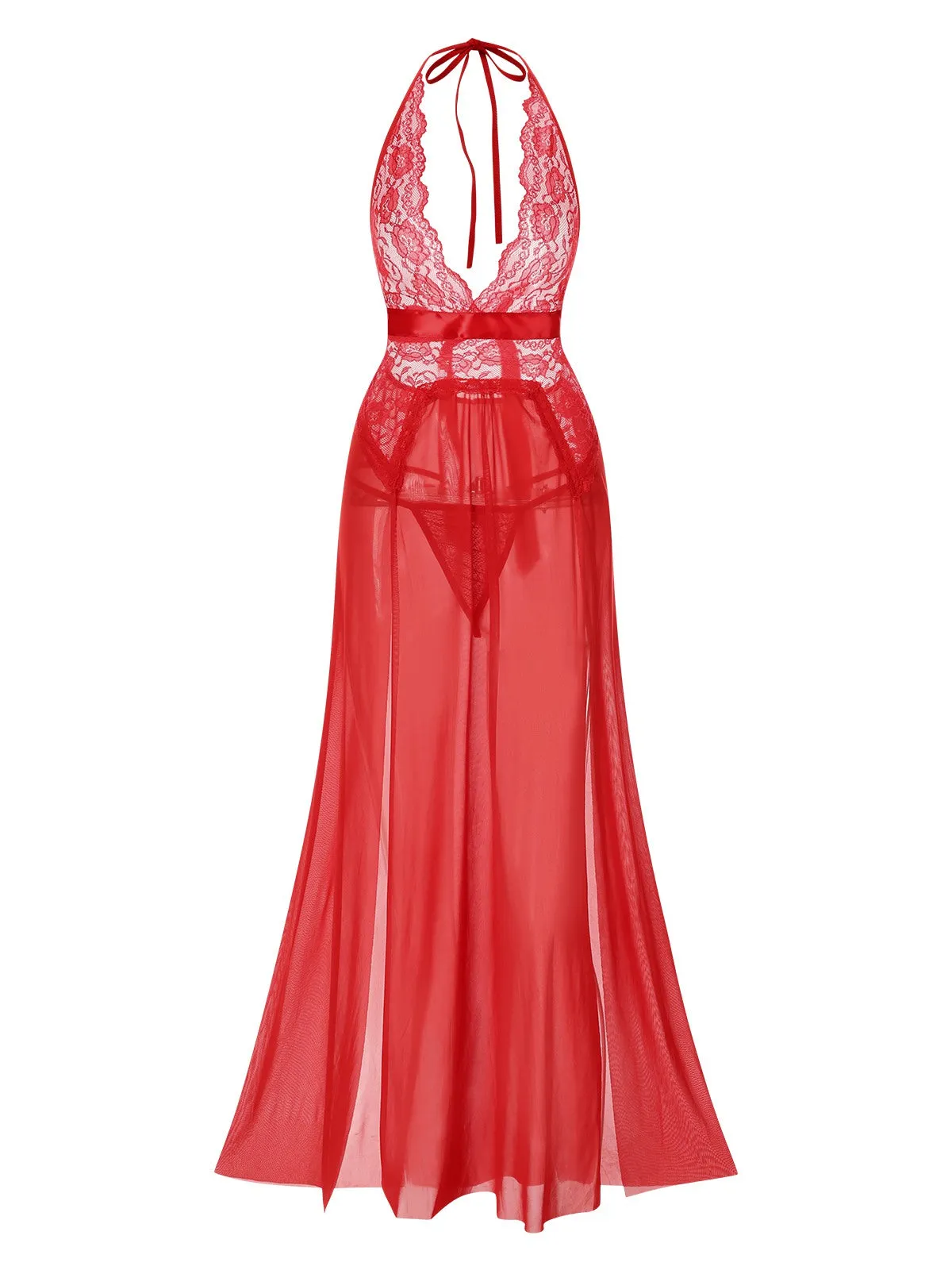 1970s Halter Sheer Lace Slit Long Nightgown sold by Retro Stage product image thumbnail 3