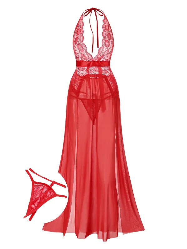 1970s Halter Sheer Lace Slit Long Nightgown sold by Retro Stage