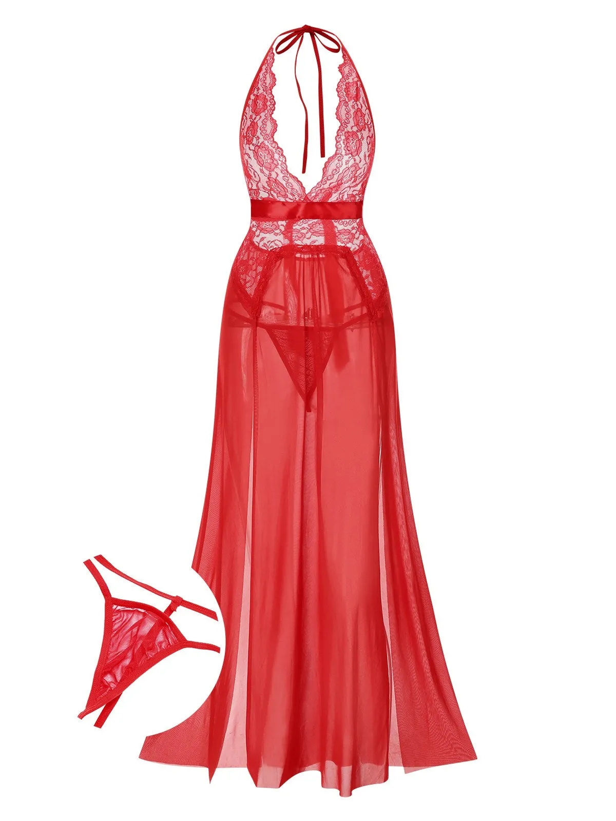 1970s Halter Sheer Lace Slit Long Nightgown sold by Retro Stage