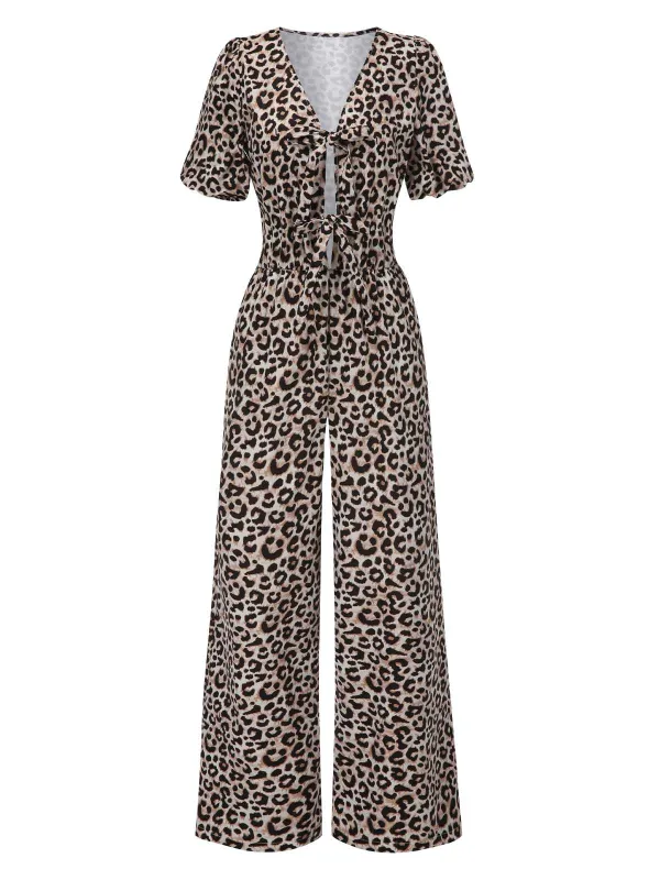 1970s V-Neck Puff Sleeve Leopard Jumpsuit sold by Retro Stage