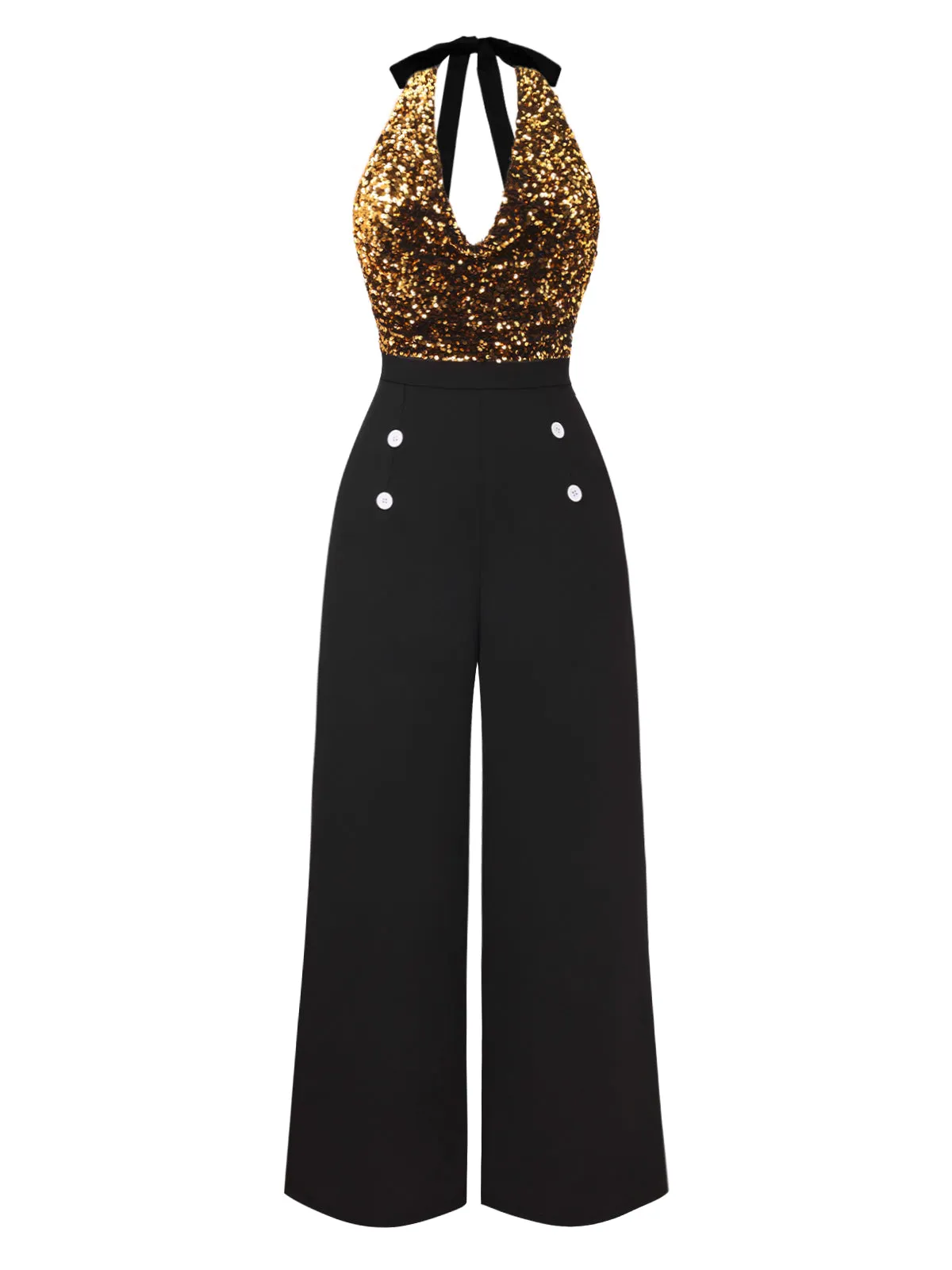 Black 1930s Halter Neck Sequined Jumpsuit sold by Retro Stage product image thumbnail 4