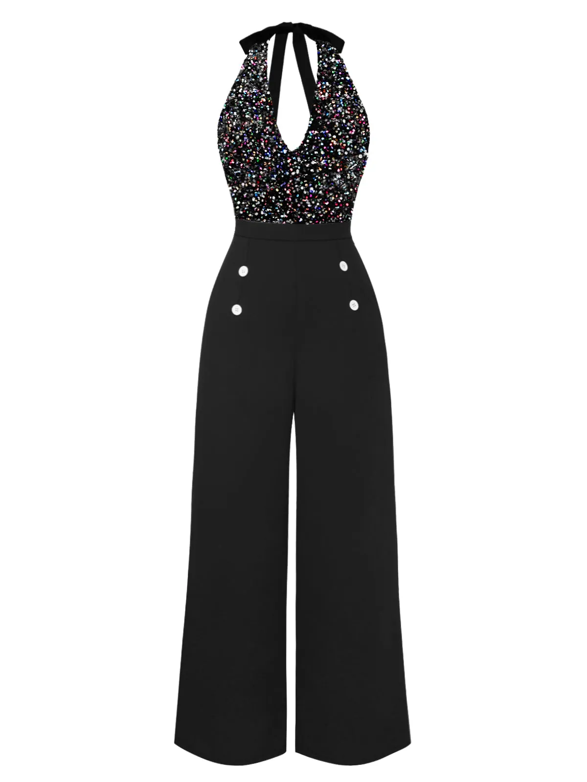 Black 1930s Halter Neck Sequined Jumpsuit sold by Retro Stage