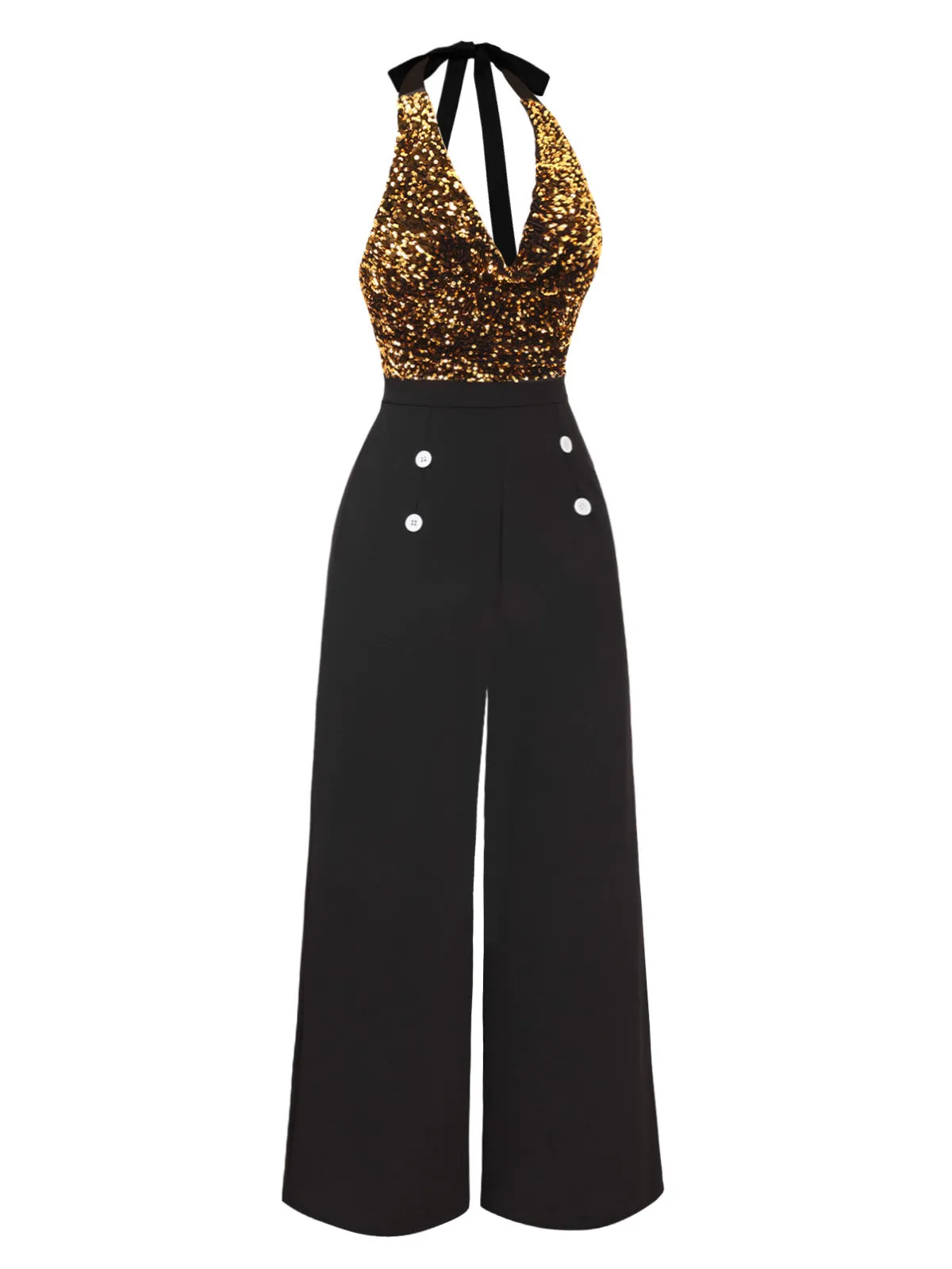 Black 1930s Halter Neck Sequined Jumpsuit sold by Retro Stage product image thumbnail 5