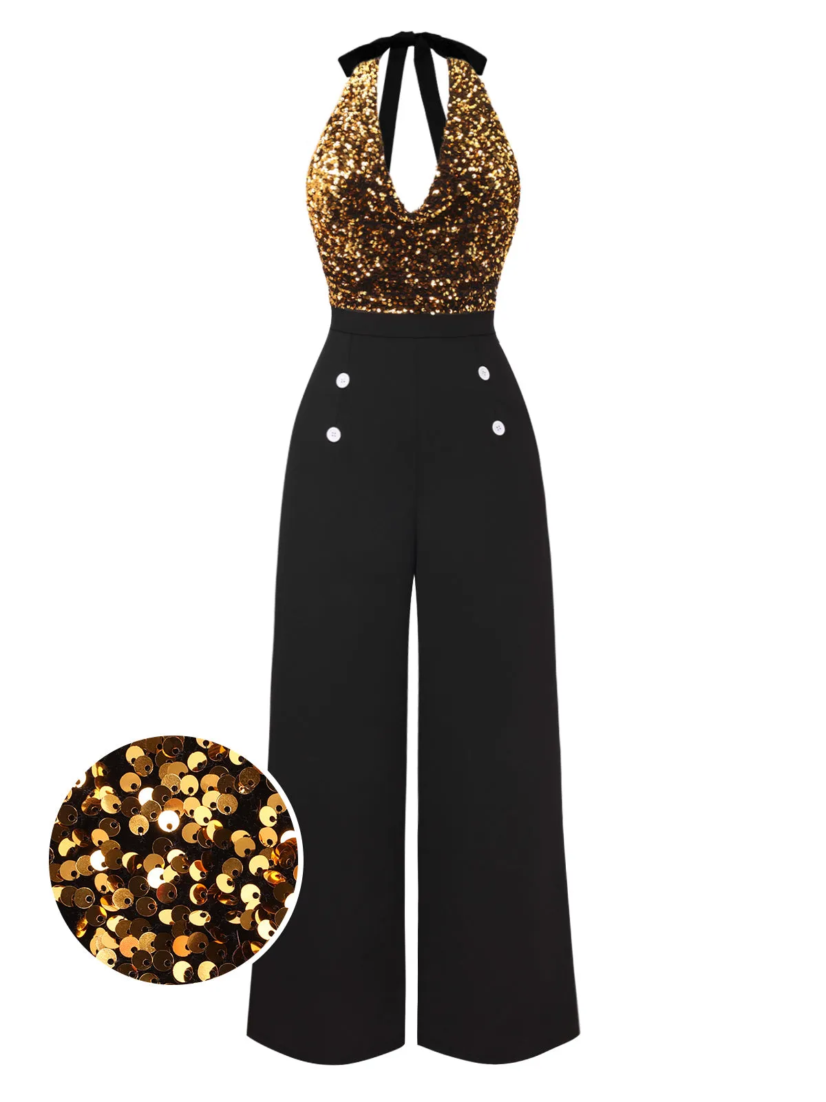 Black 1930s Halter Neck Sequined Jumpsuit sold by Retro Stage product image thumbnail 3