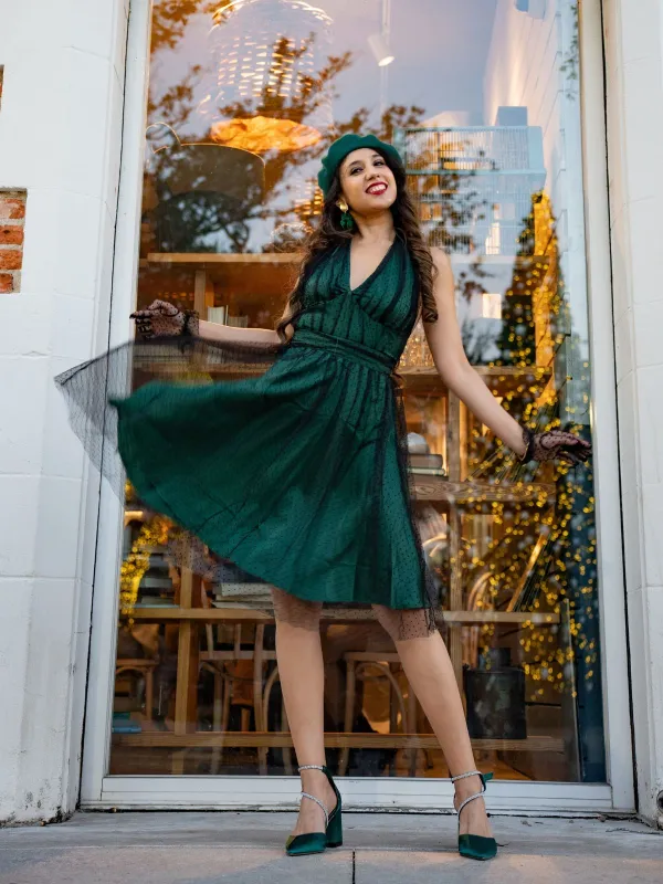 Green 1950s Christmas Halter Polka Dots Mesh Dress sold by Retro Stage
