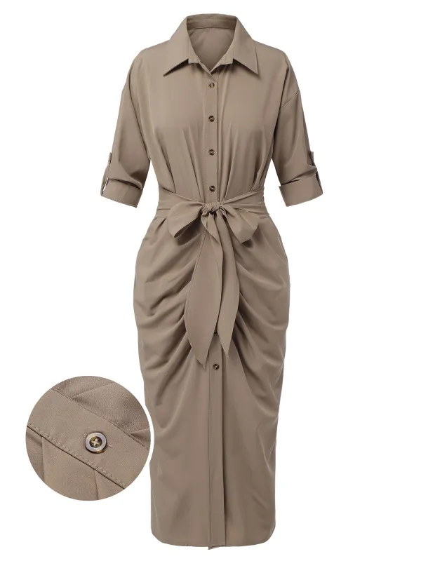Khaki 1960s Solid Fold Pleated Lapel Dress sold by Retro Stage