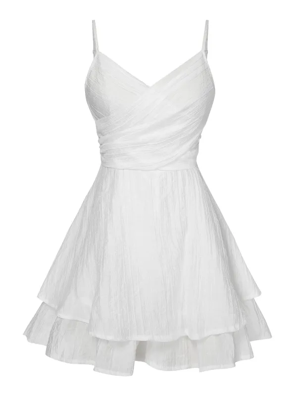 White 1950s Solid Spaghetti Straps Skirt Romper sold by Retro Stage