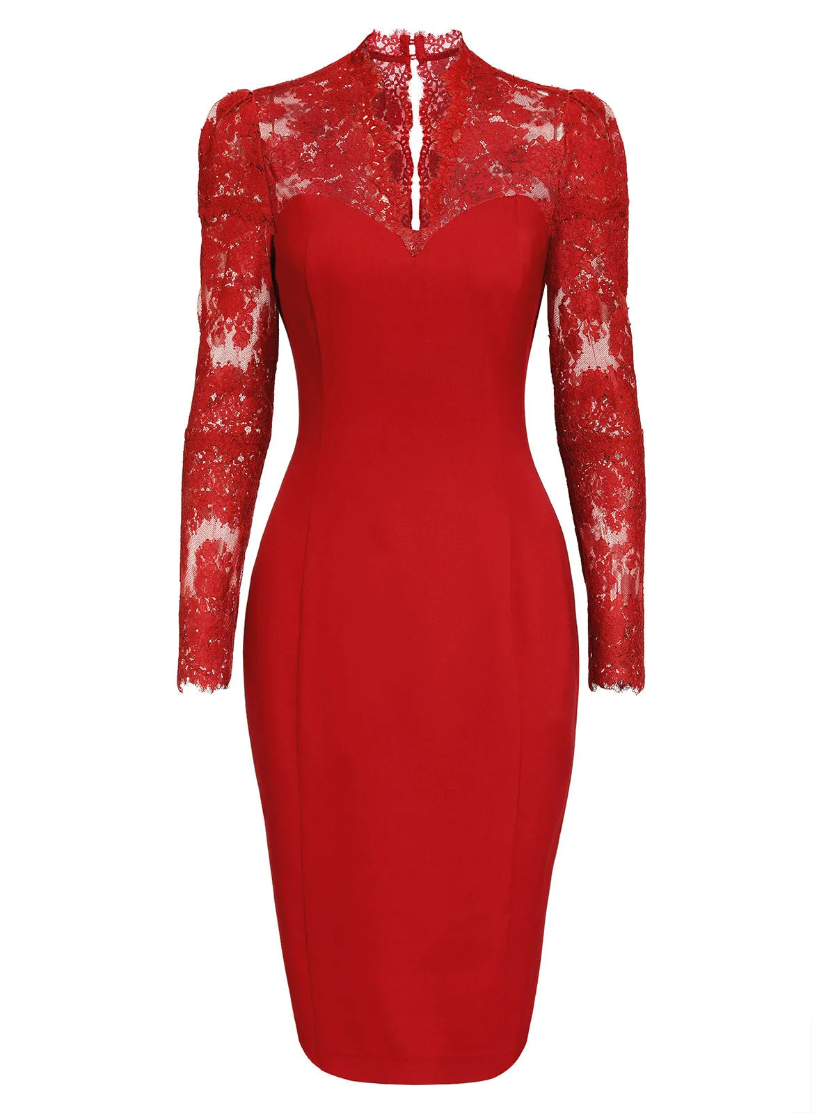 Red 1960s Lace Long Sleeves Patchwork Dress sold by Retro Stage product image thumbnail 3
