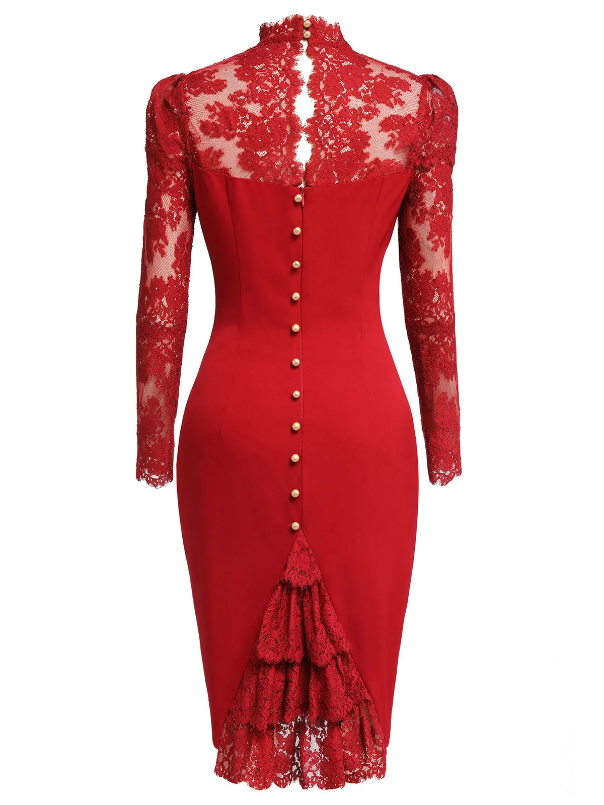 Red 1960s Lace Long Sleeves Patchwork Dress sold by Retro Stage product image thumbnail 5