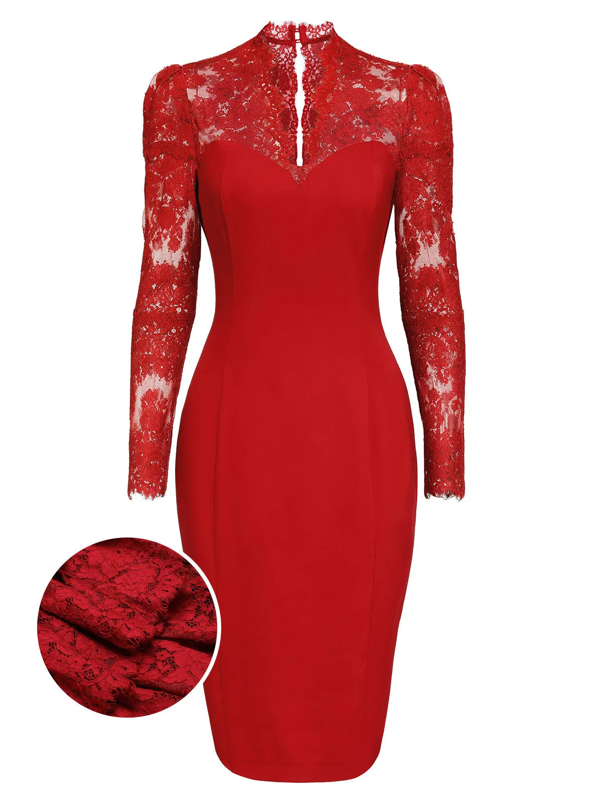 Red 1960s Lace Long Sleeves Patchwork Dress sold by Retro Stage product image thumbnail 2