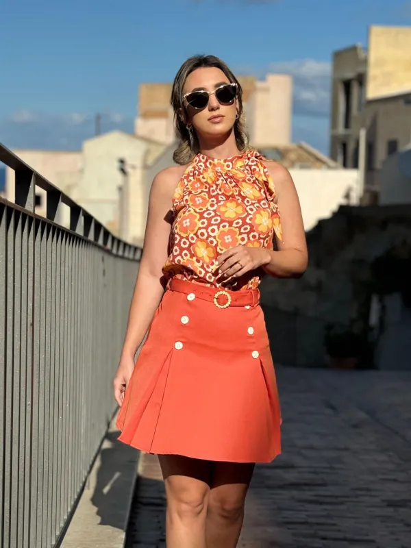 2PCS 1960s Tie Neck Floral Top & Button Solid Skirt sold by Retro Stage