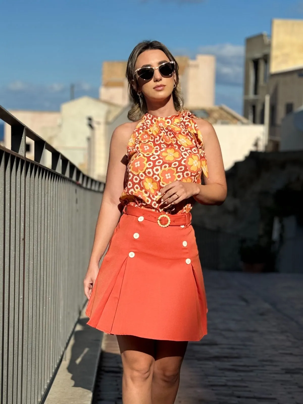 2PCS 1960s Tie Neck Floral Top & Button Solid Skirt sold by Retro Stage