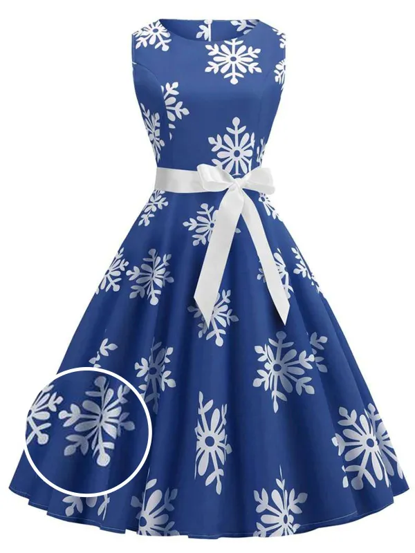 Blue 1950s Snowflake Bow Swing Dress sold by Retro Stage