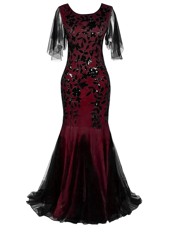 Wine Red 1920s Sequin Maxi Gowns Dress sold by Retro Stage