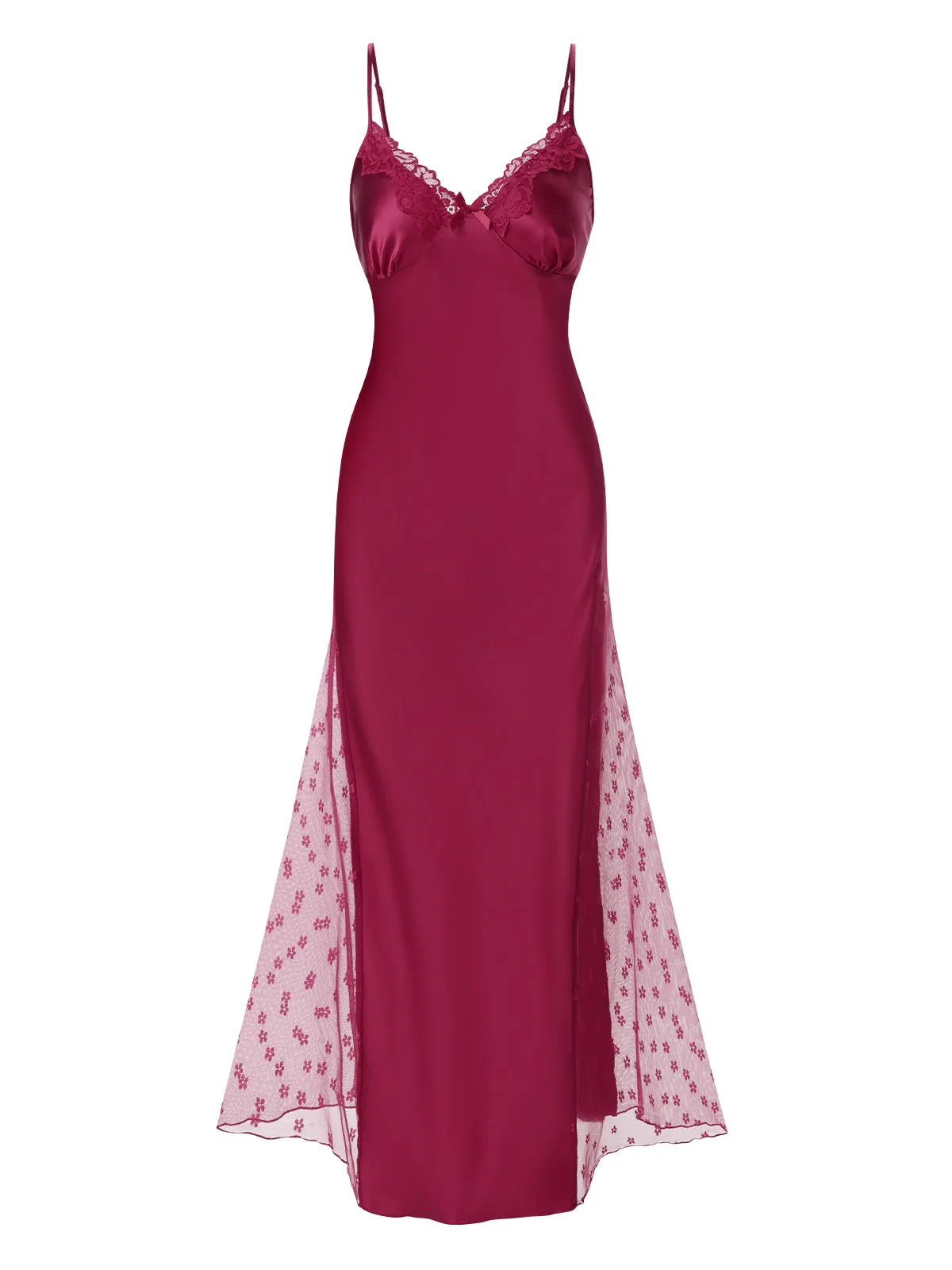 Wine Red 1950s Solid Satin Mesh Suspender Nightdress sold by Retro Stage product image thumbnail 2