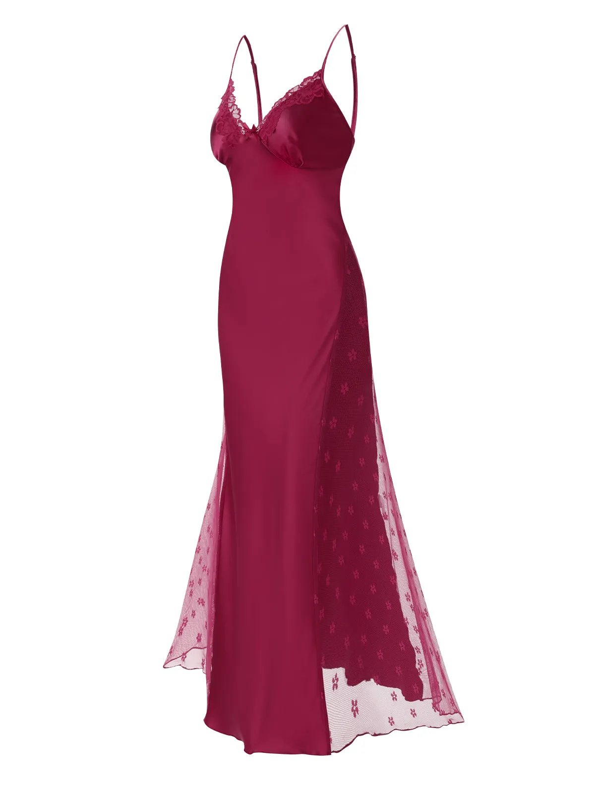 Wine Red 1950s Solid Satin Mesh Suspender Nightdress sold by Retro Stage product image thumbnail 3