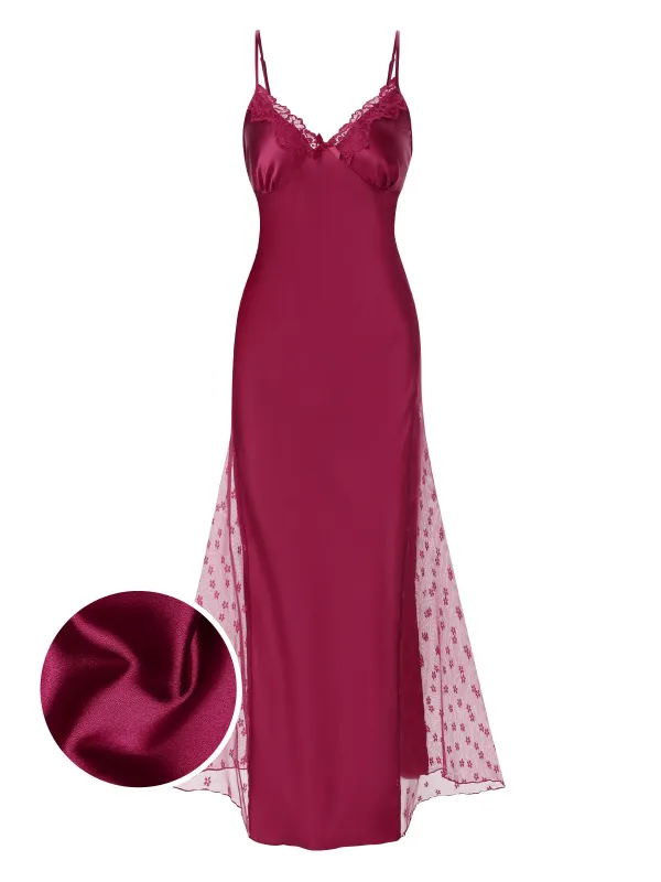 Wine Red 1950s Solid Satin Mesh Suspender Nightdress sold by Retro Stage