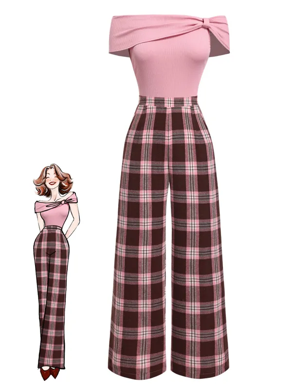 Pink 1930s Off-Shoulder Plaids Jumpsuit sold by Retro Stage