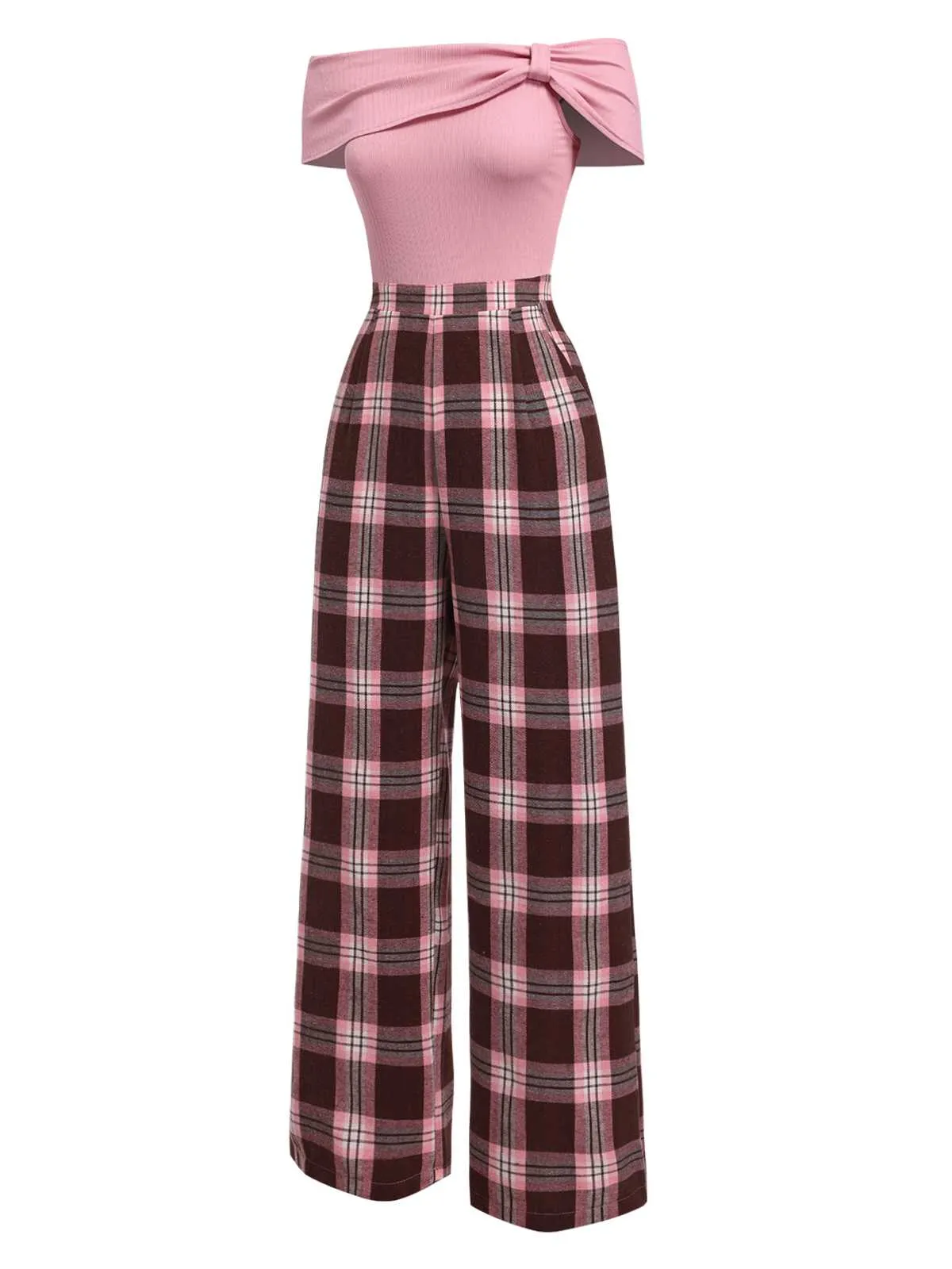 Pink 1930s Off-Shoulder Plaids Jumpsuit sold by Retro Stage product image thumbnail 4