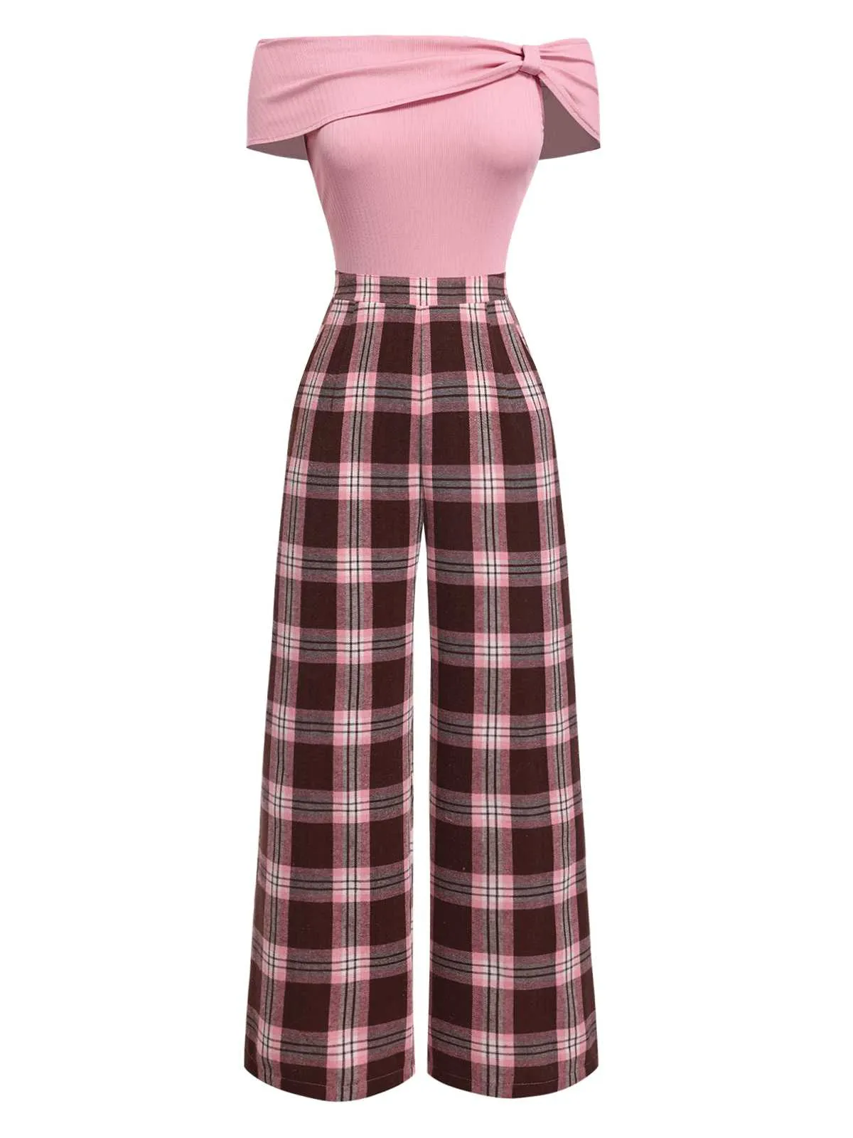 Pink 1930s Off-Shoulder Plaids Jumpsuit sold by Retro Stage product image thumbnail 3