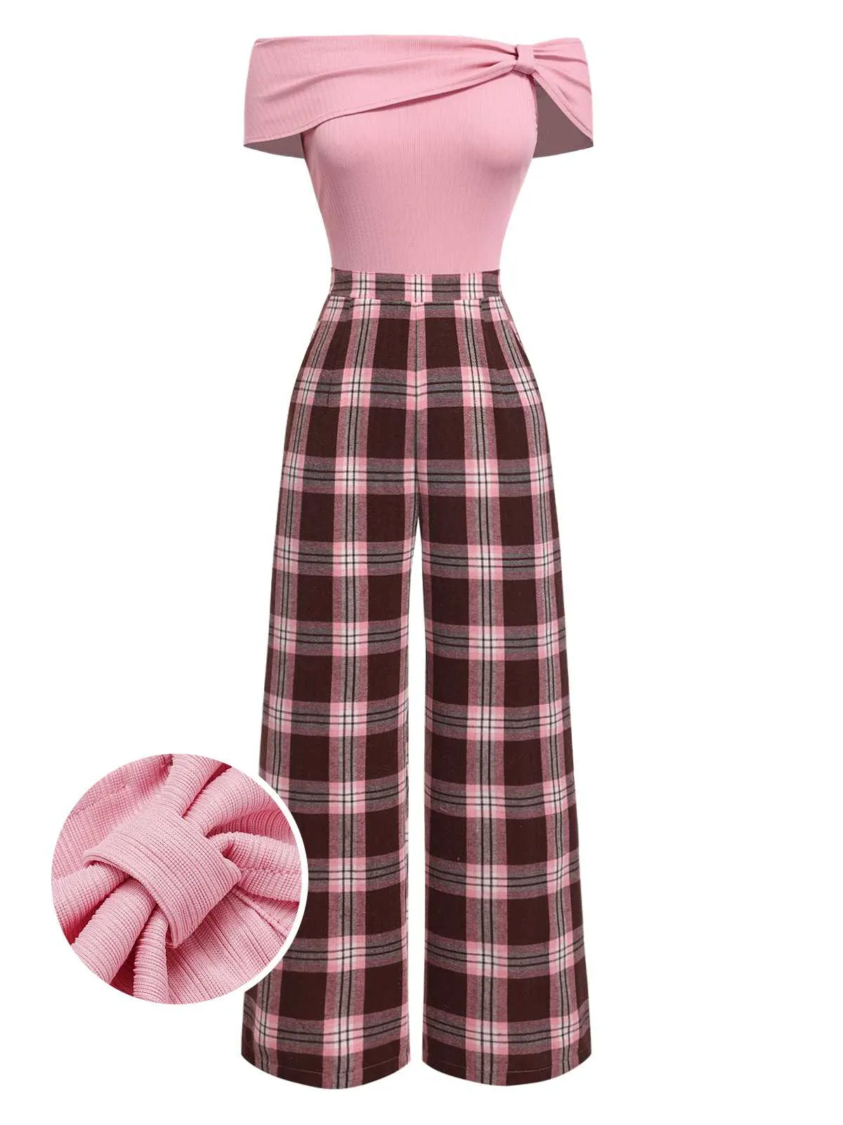 Pink 1930s Off-Shoulder Plaids Jumpsuit sold by Retro Stage product image thumbnail 2
