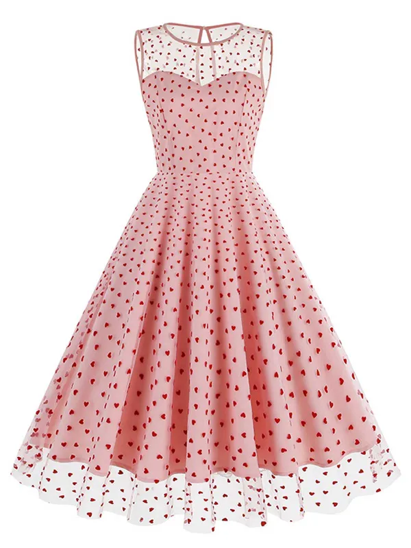 Pink 1950s Flocked Heart Mesh Patchwork Dress sold by Retro Stage