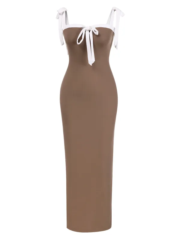 Khaki 1930s Contrast Shoulder Tie Bodycon Dress sold by Retro Stage