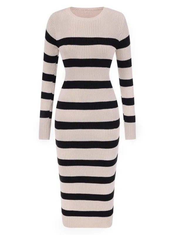 Beige 1960s Stripe Knit Bodycon Dress sold by Retro Stage