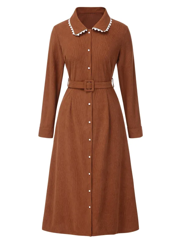 Brown 1940s Solid Lapel Belted Corduroy Dress sold by Retro Stage