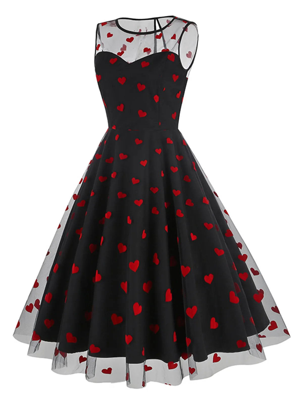 Black 1950s Flocked Heart Mesh Patchwork Dress sold by Retro Stage product image thumbnail 2
