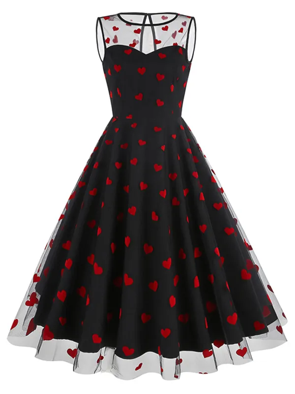 Black 1950s Flocked Heart Mesh Patchwork Dress sold by Retro Stage