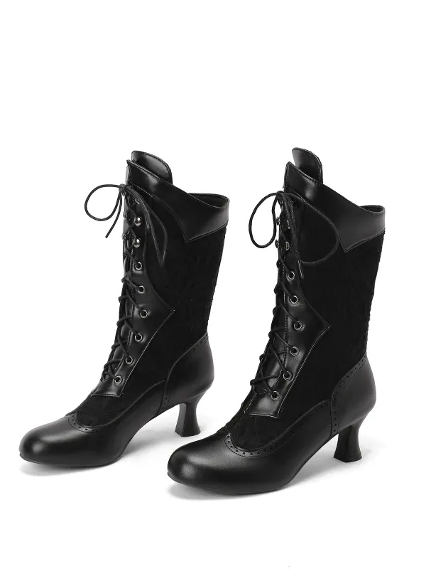 Lace Patchwork Lace-Up Calf-High Boots sold by Retro Stage