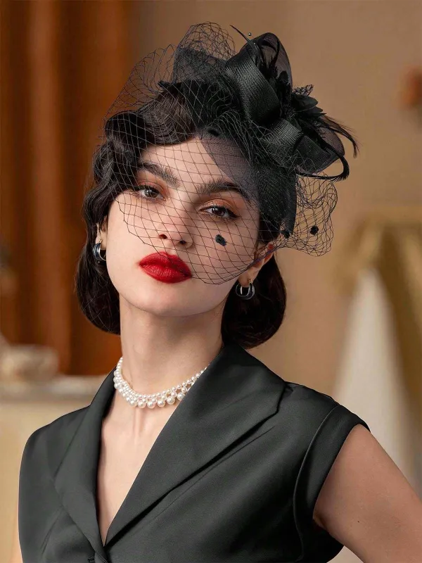 Floral Feather Fascinator Hat With Veil sold by Retro Stage