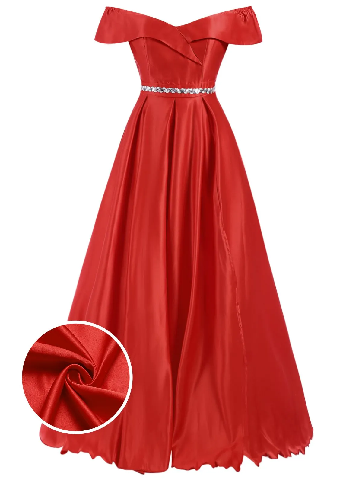 Red 1930s Off-Shoulder Maxi Evening Dress sold by Retro Stage