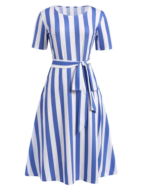 Light Blue 1940s Nautical Striped Belted Dress sold by Retro Stage